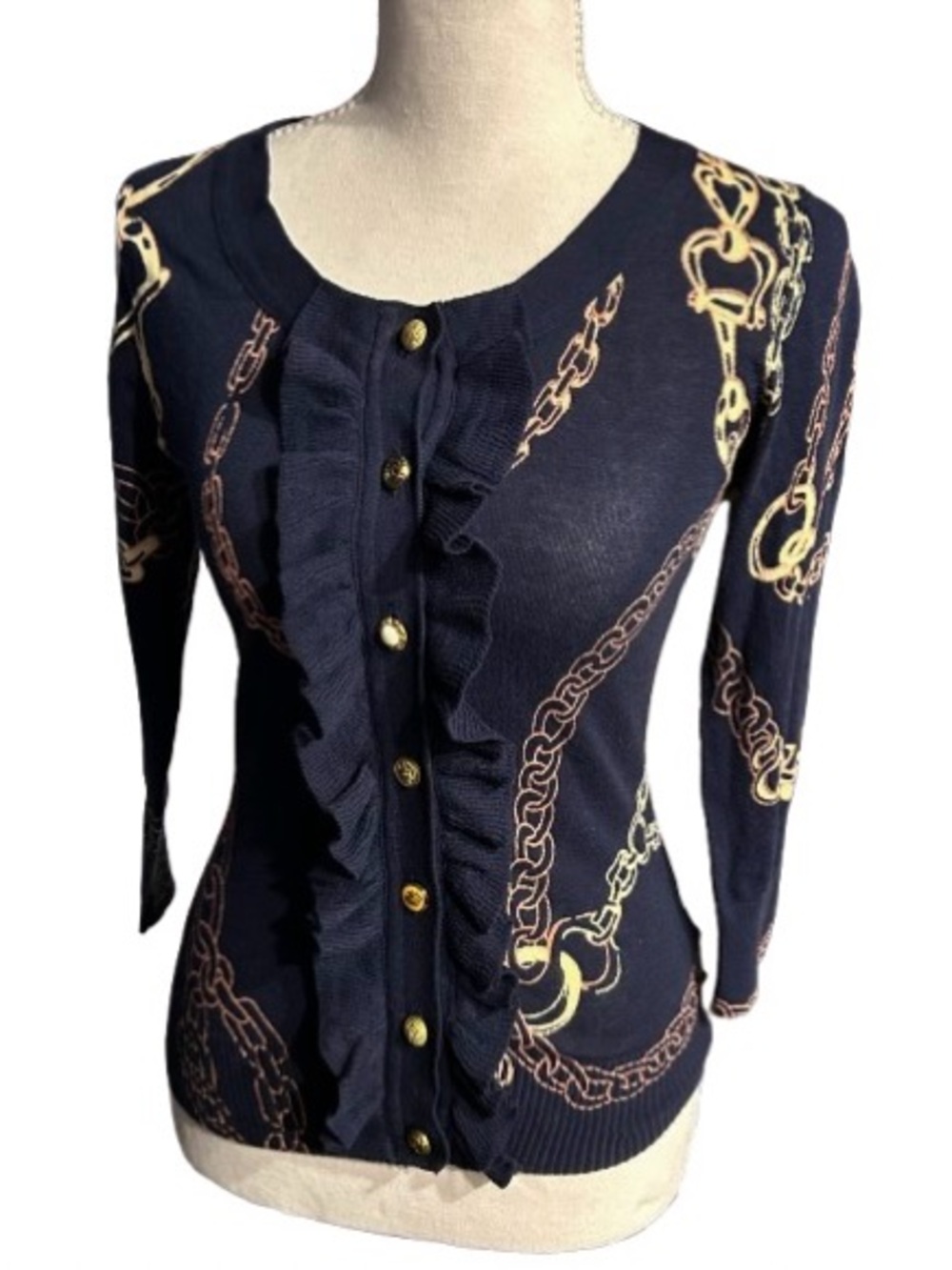 Cardigan CHARLOTTE TARANTOLA Navy Equine Equestrian Horse Chain Boho 100% Cotton